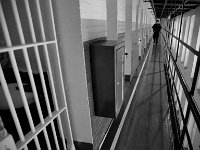 Officer Michael Bala checks to see if everyone is in their cells as he prepares for lock down.  The Bristol County Jail and House of Correction on Ash St. in New Bedford, MA was built in 1829 and is the oldest operating jail in the country.  Almost all of the inmates at the jail are awaiting trial date.  Eighteen of the inmates have been sentenced and are active in the maintenance of the facility.