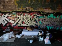 ma nb HomelessinTheWoods  A matress and living area are seen inside a block structure found in the woods behind Save-A-Lot in the north end of New Bedford.  PETER PEREIRA/THE STANDARD-TIMES : poverty, homeless, woods