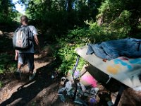ma nb HomelessinTheWoods  James Soares, 50, walks out of the area where he lives in the woods behind Save-A-Lot in the north end of New Bedford.  PETER PEREIRA/THE STANDARD-TIMES : poverty, homeless, woods
