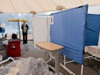 Tonya Johnson, VP checks the newly install exterior testing tent, set up outside of Tobey Hospital in Wareham.  PHOTO PETER PEREIRA