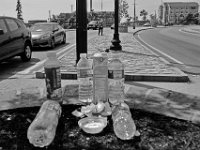 Waterbottles are seen inside the planter as Robert Stone Jr. panhandles at the intersection of Union Street and Route 18 in downtown New Bedford.  [ PETER PEREIRA/THE STANDARD-TIMES/SCMG ]