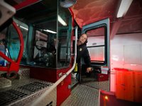 New Bedford fire chief Mike Gomes makes his way out of Fire Department Headquarters driving the rear wheels of the Ladder 1 apparatus, which is how he started in the department 30 years ago.  Mr. Gomes retired after serving as chief for the last eight and half years and nearly thirty years as a firefighter.  [ PETER PEREIRA/THE STANDARD-TIMES/SCMG ]