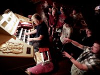 Ed Wawrzynowicz of the American Theater Organ Society, demonstrates the capabilities of the Mighty Wurlitzer pipe organ at the Zeiterion Theater in New Bedford, to students of the Sharon High School film club.  These types of organs were designed to replace an entire orchestra during the Vaudeville era.  [ PETER PEREIRA/THE STANDARD-TIMES/SCMG ]