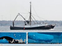 A fishing boat heads out to sea past the jersey barriers at the former Edge Restaurant in New Bedford, painted with whale themes.  [ PETER PEREIRA/THE STANDARD-TIMES/SCMG ]