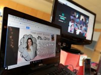 Courtney Lima shares a screen with her students highlighting who she is, on their first day of school, and her first day as a teacher. Courtney Lima who attended the Taylor School in New Bedford as a student for grades K-6, returns for her first day of school, this time as a third grade teacher. Ms. Lima will be teaching third graders virtually this year, as part of the Distance Learning Academy for students who opted to stay home for this school year.  PHOTO PETER PEREIRA