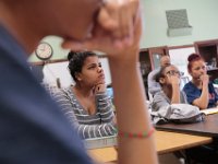 ma nb_ N8A0308  Carmen Morales, 16, and fellow Whaling City Alternative School students focus on their Biology class lecture.   PETER PEREIRA/THE STANDARD-TIMES/SCMG : education, school, class, classroom, work