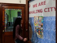 ma nb_ N8A0420  Maidelyn Rojas, 17, speaks with councillor Markey at the Whaling City Alternative School in New Bedford.   PETER PEREIRA/THE STANDARD-TIMES/SCMG : education, school, class, classroom, work