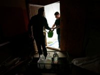 ma nb WhalingCitySchool  Science teacher Chris Blake hands Taylor Knickerbocker, 16, some water for him to use to water the plants in the makeshift greenhouse they built at the Whaling City Alternative School in New Bedford.   PETER PEREIRA/THE STANDARD-TIMES/SCMG : education