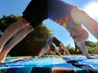 David Finn-Clarke and fellow participants go into a downward dog pose in a yoga classs as part of the Summer Yoga Series held at the DNRT  Slocums River Reserve on Horseneck Road in Dartmouth.   [ PETER PEREIRA/THE STANDARD-TIMES/SCMG ]