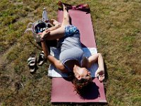 Cheryl Mitchell is seen windiing down a yoga session as part of the Summer Yoga Series held at the DNRT  Slocums River Reserve on Horseneck Road in Dartmouth.   [ PETER PEREIRA/THE STANDARD-TIMES/SCMG ]