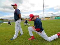 ma nb_ N8A9833  Coach Kyle Fernandes walks by catcher Jake Friar from Wetport as the Bay Sox have their first team practice as they prepare for the season at Paul Walsh Field in New Bedford, MA.  PETER PEREIRA/THE STANDARD-TIMES : sports, baseball