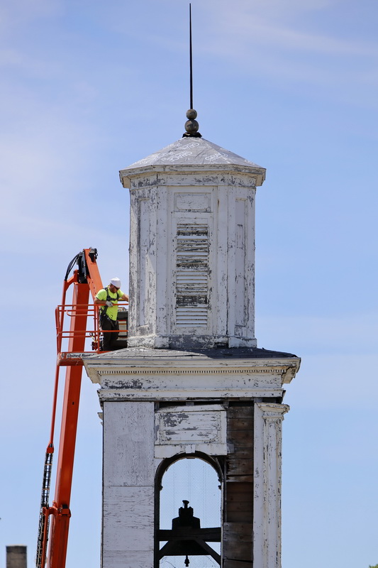 Workmen prepare to start repairing the steeple of the First Baptist Church in downtown New Bedford, MA.  The First Baptist Church was built in 1829 and was declared a National Treasure in 2015. PHOTO PETER PEREIRA