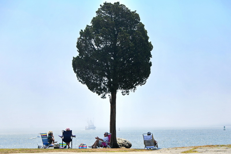 A fishing boat can be seen making its way out of the haze into New Bedford harbor, as folks sit under a tree at Fort Phoenix in Fairhaven, MA on a hot, humid afternoon.  PHOTO PETER PEREIRA