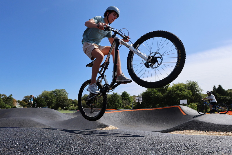 Jaxon Lussier flies through the air on September 17, 2026 at the new Pump Track on Bernese Street in Fairhaven, MA. PHOTO PETER PEREIRA