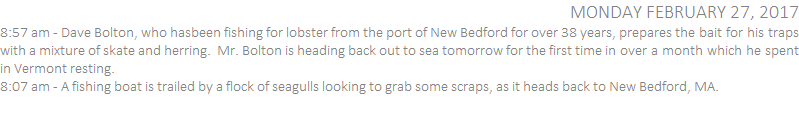 8:57 am - Dave Bolton, who has fishing for lobster from the port of New Bedford for over 38 years, prepares the bait for his traps with a mixture of skate and herring.  Mr. Bolton is heading back out to sea tomorrow for the first time in over a month which he spent in Vermont resting.