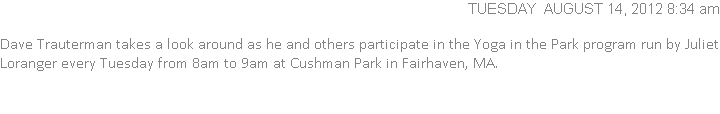  Dave Trauterman takes a look around as he and others participate in the Yoga in the Park program run by Juliet Loranger every Tuesday from 8am to 9am at Cushman Park in Fairhaven, MA.