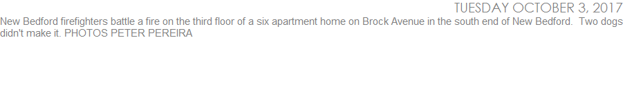 New Bedford firefighters battle a fire on the third floor of a six apartment home on Brock Avenue in the south end of New Bedford.  Two dogs didn't make it.