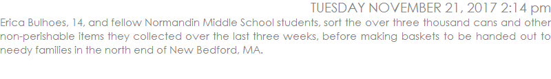 Erica Bulhoes, 14, and fellow Normandin Middle School students sort the over three thousand cans and other non-perishable items they collected over the last three weeks, before making baskets to be handed out to needy families in the north end of New Bedford. 