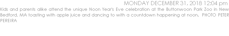 Kids and parents alike attend the unique Noon Year's Eve celebration at the Buttonwoon Park Zoo in New Bedford, MA toasting with apple juice and dancing to with a countdown happening at noon.  PHOTO PETER PEREIRA