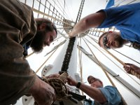 _N8A1858  PHOTO PETER PEREIRA/The Standard-Times  ++  Crewmembers make some final adjustments to the rigging of the Charles W. Morgan before casting off.    The Charles W. Morgan whaleship makes her way from Mystic Seaport in Mystic, CT to New London, CT in the first leg of the journey that will see it return to New Bedford in June.