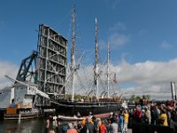 _N8A1941  PHOTO PETER PEREIRA/The Standard-Times  ++  Spectators line the side of the river as the Charles W. Morgan makes its way out of Mystic, CT.    The Charles W. Morgan whaleship makes her way from Mystic Seaport in Mystic, CT to New London, CT in the first leg of the journey that will see it return to New Bedford in June.