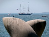 _N8A5160  PHOTO PETER PEREIRA/The Standard-Times  ++  The Charles W. Morgan makes her way to New London, CT past a modern sculpture of a whale tale at the University of Connecticut at Avery Point.  The Charles W. Morgan whaleship makes her way from Mystic Seaport in Mystic, CT to New London, CT past Avery Point in Groton, CT  in the first leg of the journey that will see it return to New Bedford in June.