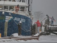 The crew of the fishing boat Blue Delta docks in Fairhaven as snow starts to fall.   [ PETER PEREIRA/THE STANDARD-TIMES/SCMG ]