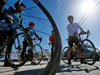 Cyclists decide on what route to ride as they wait for the Padanaram bridge to open in Dartmouth. Unfortunately the bridge never opened after encountering a mechanical issue.