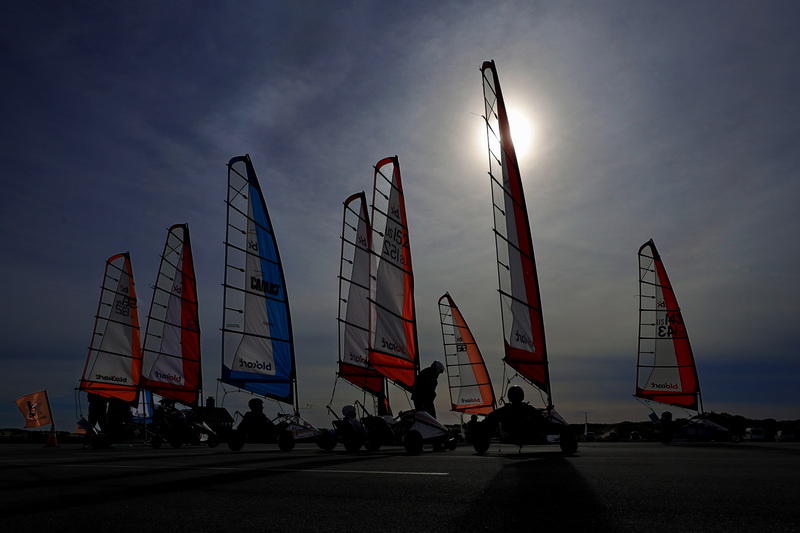 Racers line up for the one minute to start horn to sound at a Blokart land sailing event held in the Horseneck Beach parking lot in Westport, MA. PHOTO PETER PEREIRA